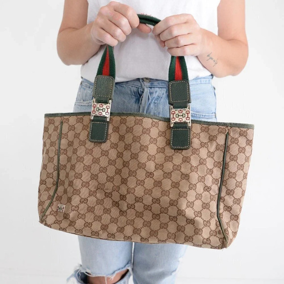 GUCCI Beige & Green GG Sherry Canvas Web Handle Tote Purse Bag - Picture 3 of 17